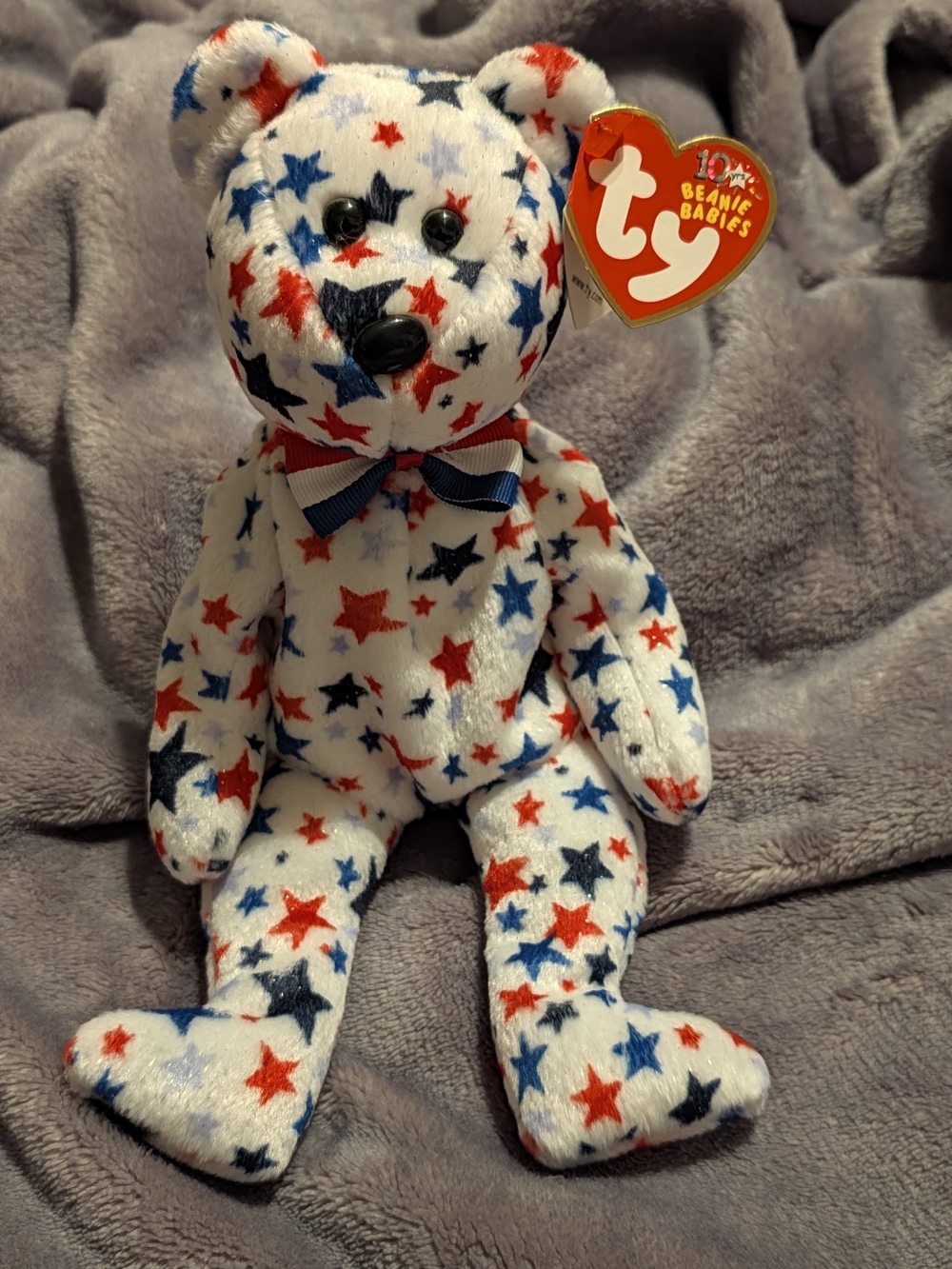 Ty Patriotic Star Plush Bear - White with Red & Blue Stars